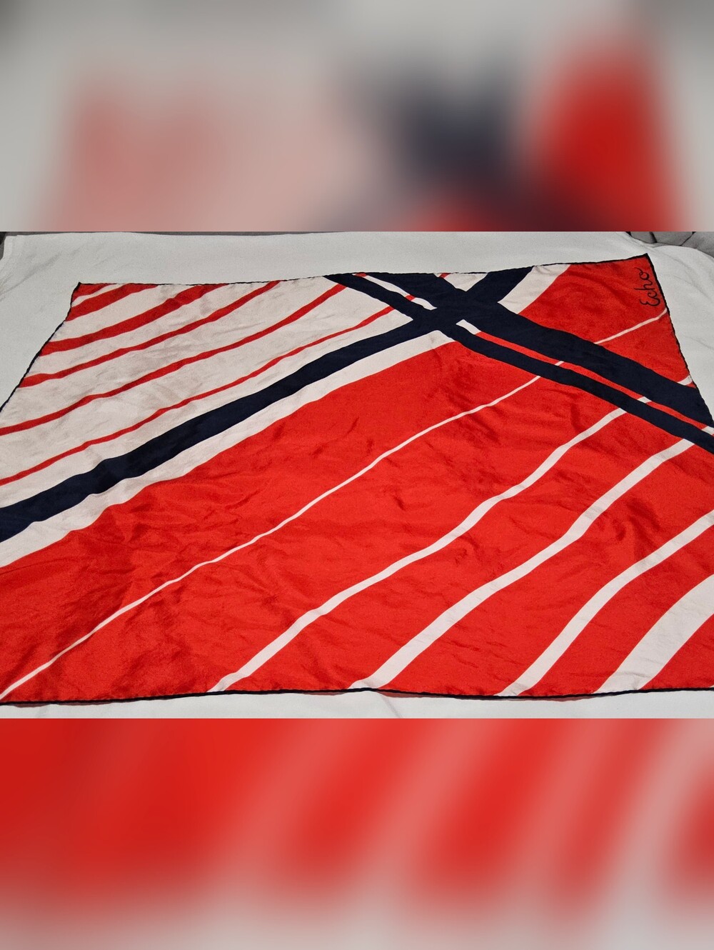 Vintage Echo 100% Silk Scarf Red, White And  Blue Abstract Clover Square